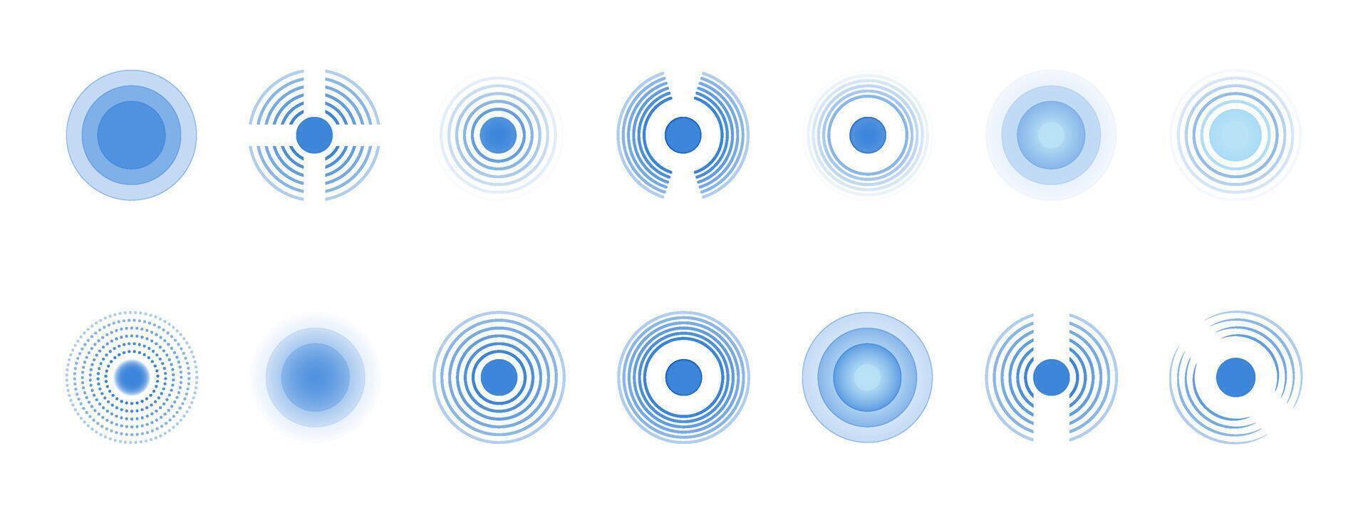 Concentric circle icons set. blue radial ripple patterns with gradient effects and dotted variations, symbolizing sound waves, radar signals, sonar pulses, and wireless technology vibration. vector