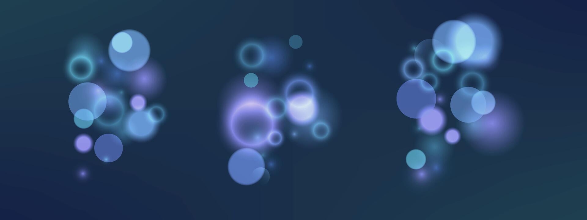 Abstract bokeh light background. blurred blue and purple glowing circles with sparkle effect and gradient, symbolizing dreamy night sky, magic fantasy atmosphere, and iridescent pastel design. vector