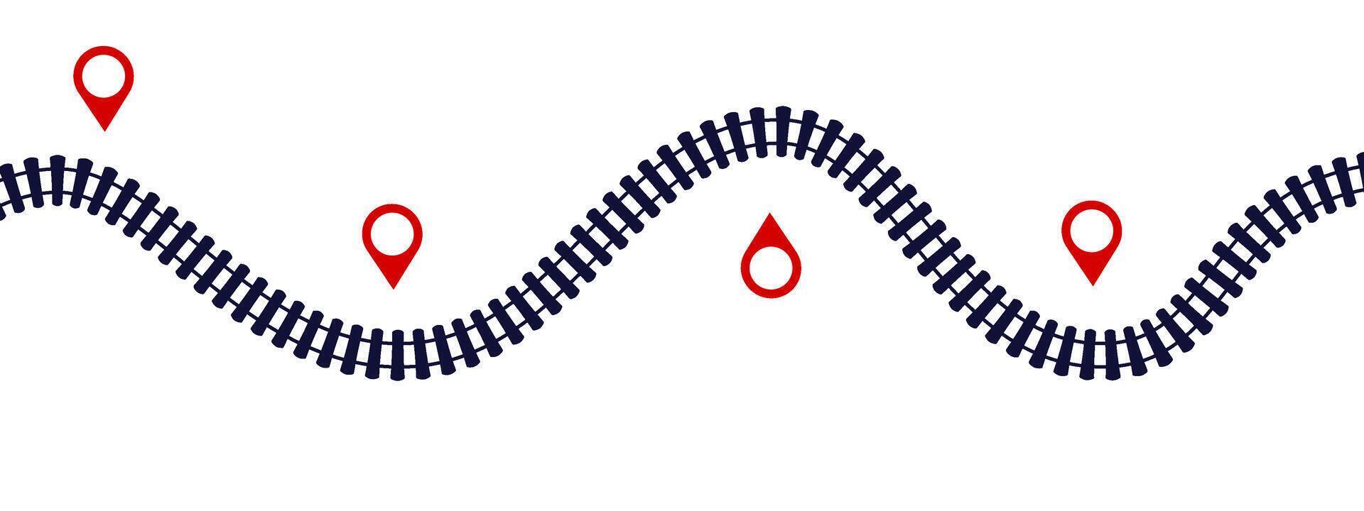 Railway journey infographic template. wavy train tracks with location pins, symbolizing route map, travel timeline, and railroad transportation navigation concept. vector