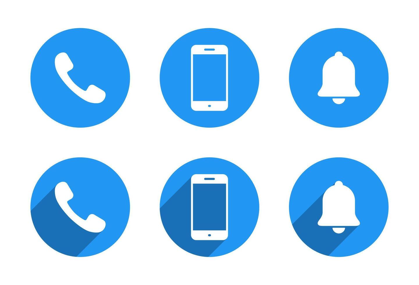 Call, smartphone and notification icon with long shadow. Phone, cellphone, and bell symbol vector