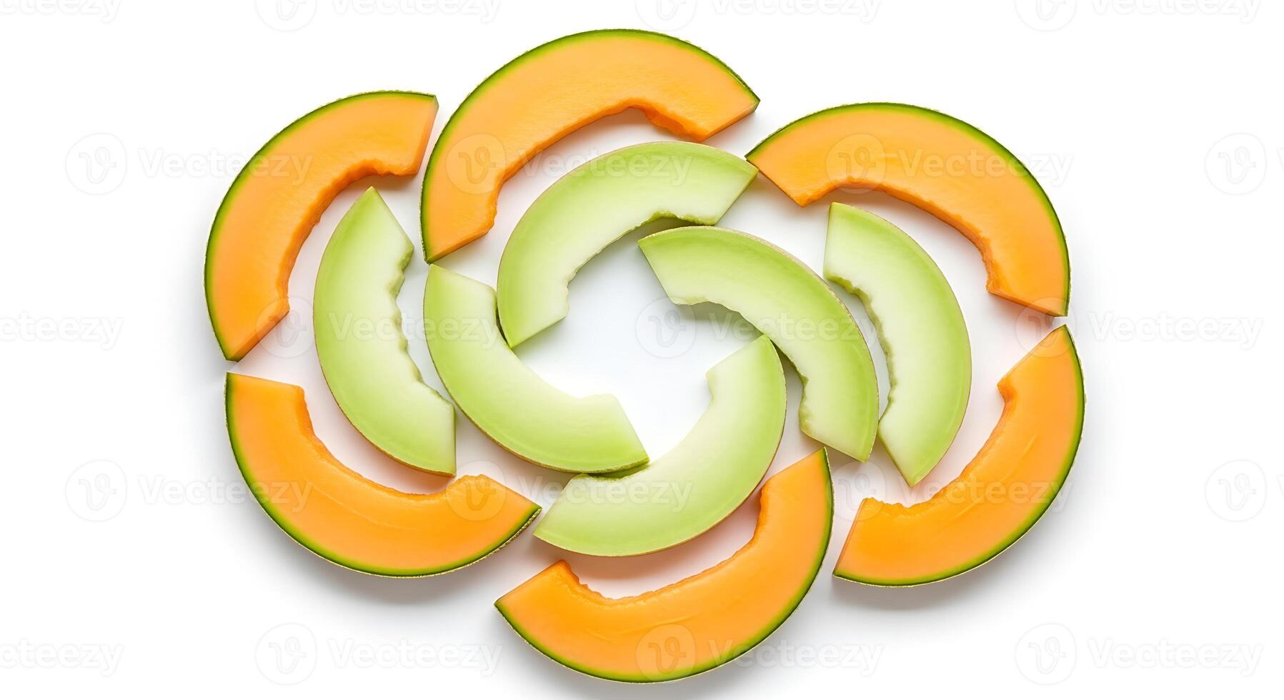 Fresh Cantaloupe and Honeydew Melon Slices Arranged in a Swirl Pattern on White Background photo