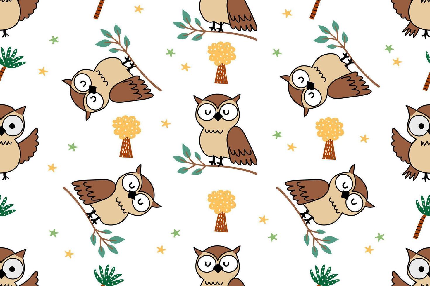 A cute owl pattern sitting on a branch and another bird spreading its wings and flying on a white background with leaves and trees. vector