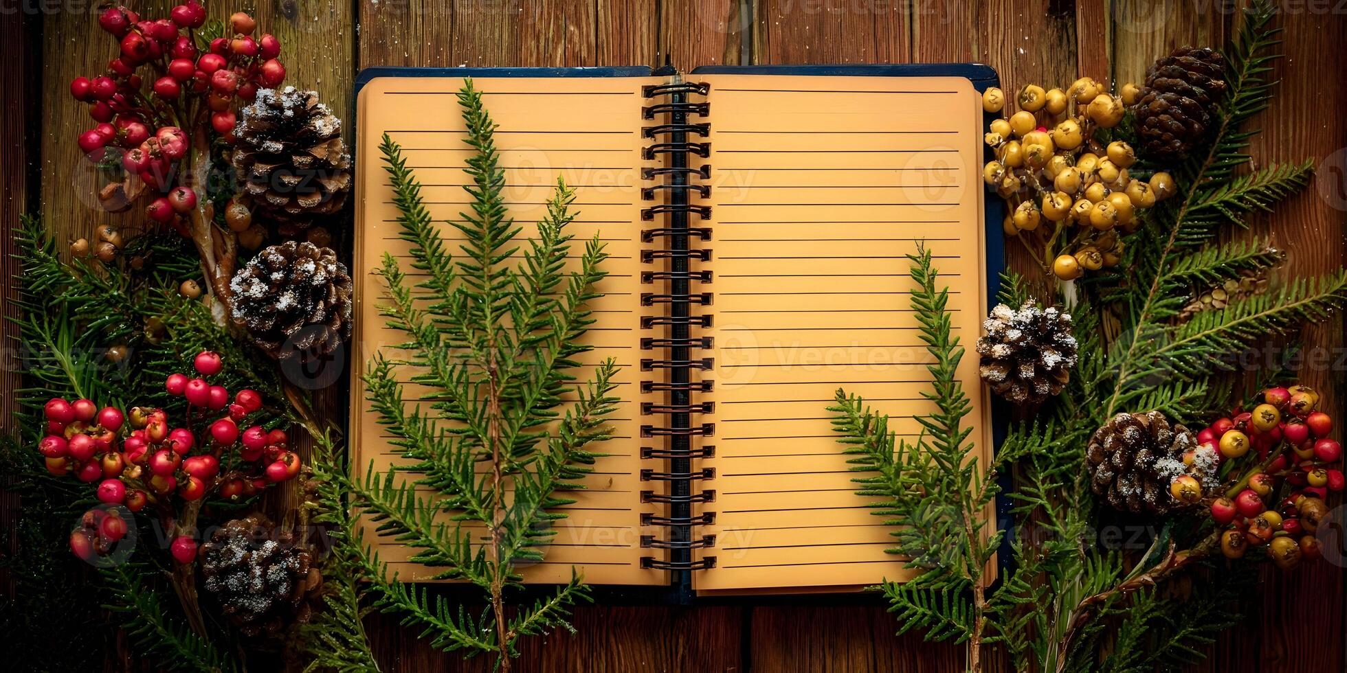 A rustic wooden surface features an open blank notebook surrounded by festive winter elements like evergreen branches red berries and pine cones photo