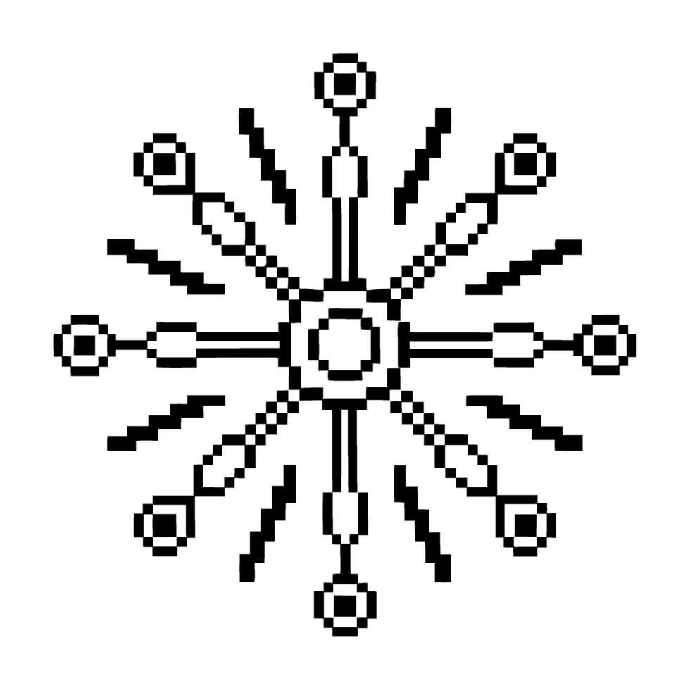 Pixel art geometric snowflake symbol with symmetrical radial pattern and digital retro style, black and white minimal design vector