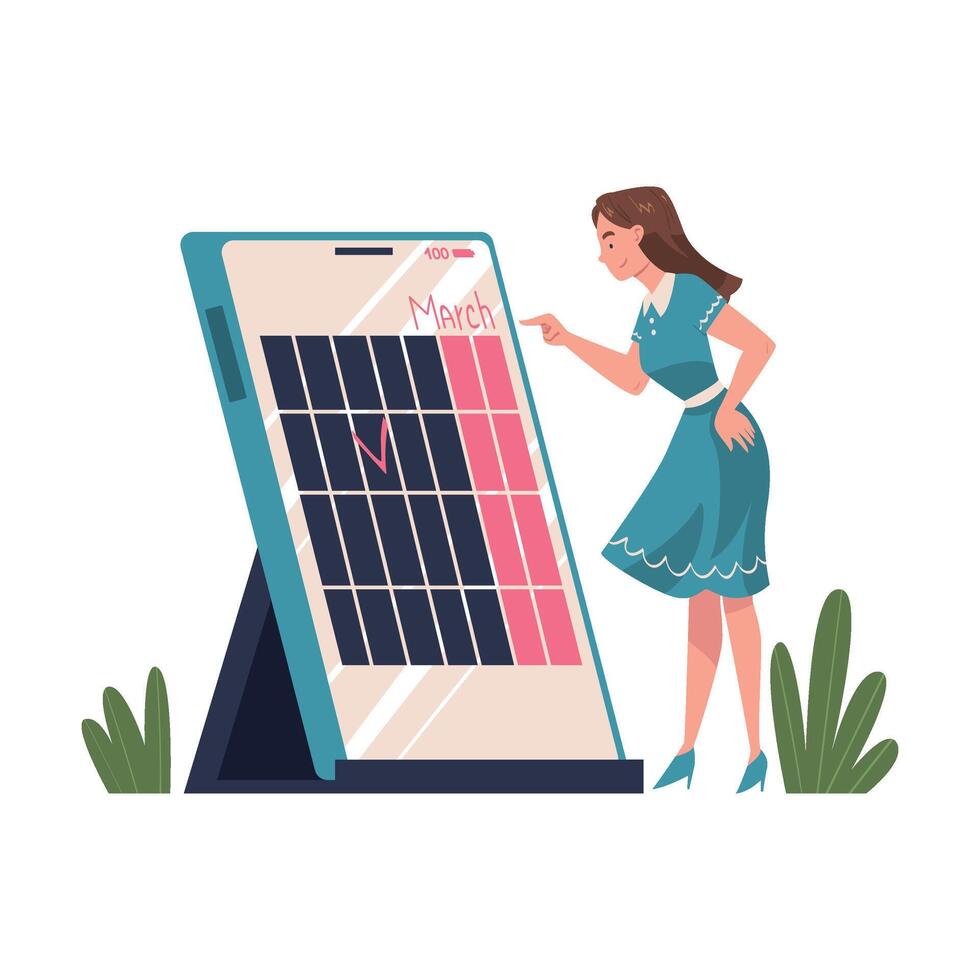Woman Character Planning Time and Event Marking Date on Smartphone Calendar App and Managing Schedule Illustration vector