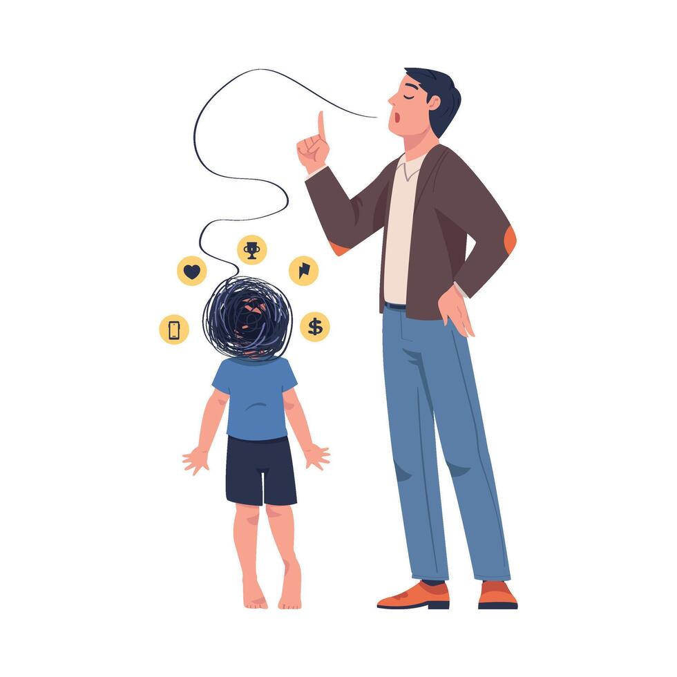 Man Father Talking to His Confused Son as Problematic Communication and Misunderstanding Between Parent and Child Illustration vector