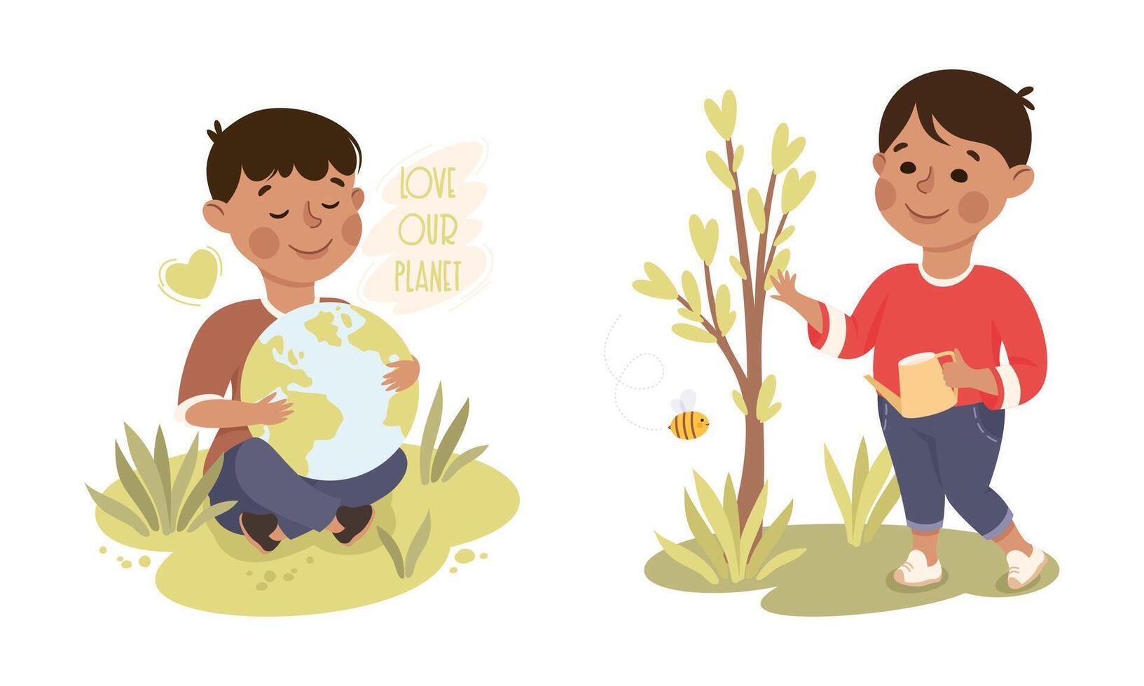 Little Boy with Globe on Green Grass and Watering Tree Sapling Caring About Nature and Planet Set vector