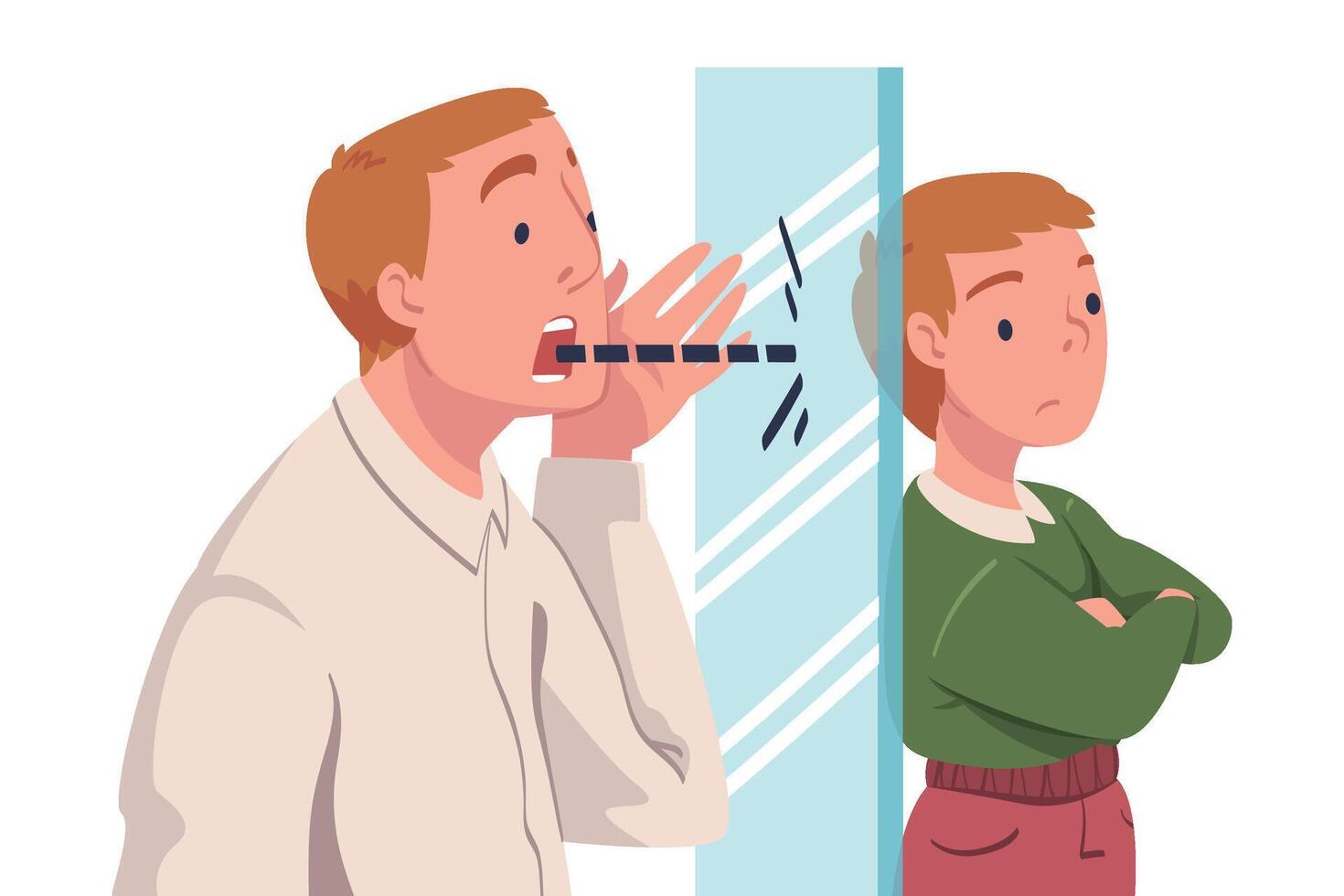 Man Father Shouting Against Glass Wall to His Son as Problematic Communication and Misunderstanding Between Parent and Child Illustration vector