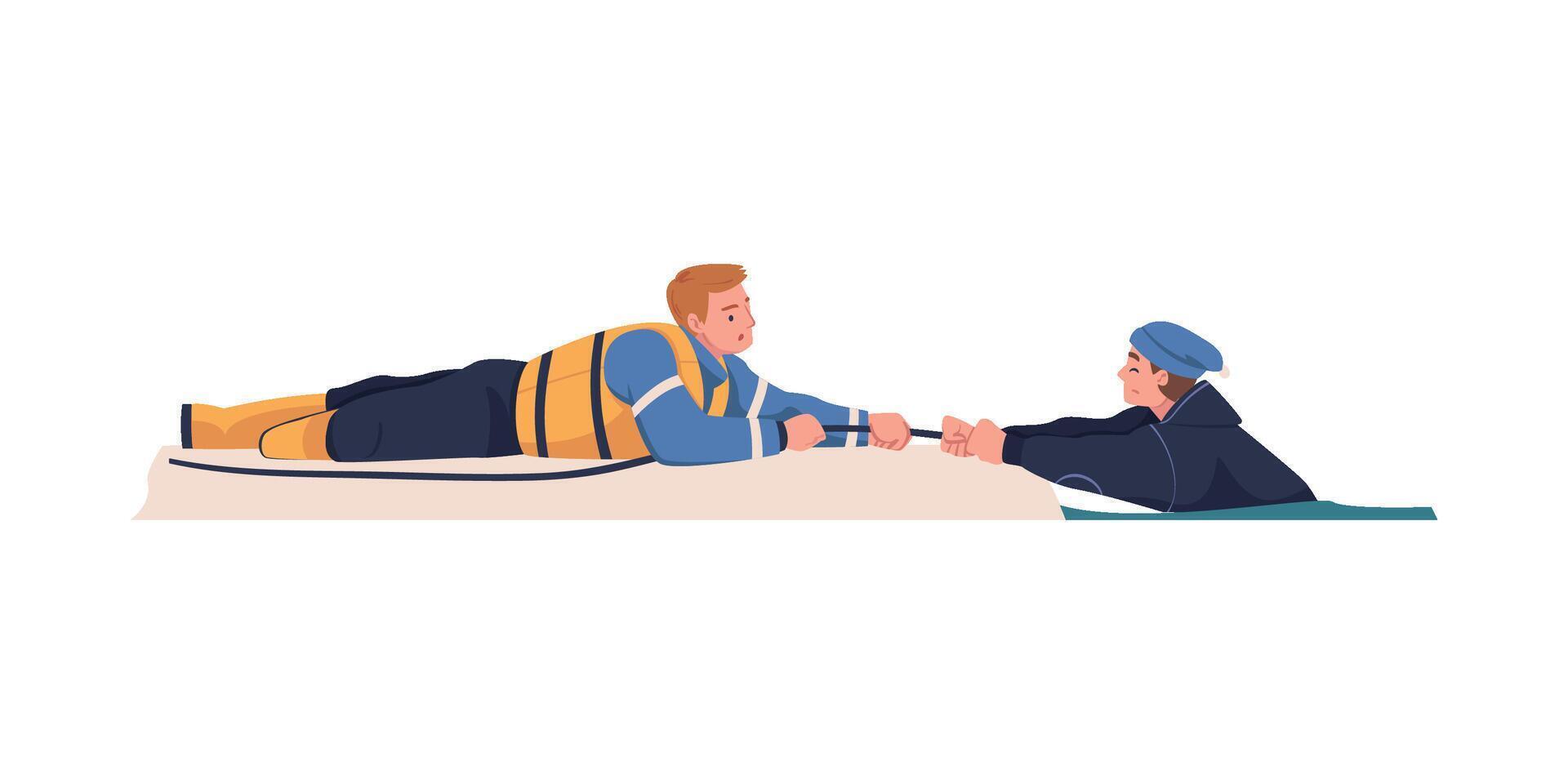 Man Character Pulling Rope with Guy from Water as Rescue and Life Saving Emergency Operation Illustration vector