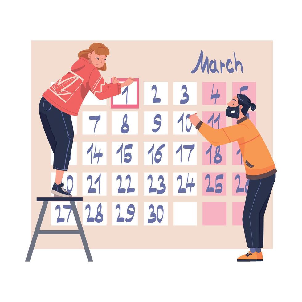 Couple updating March calendar together vector