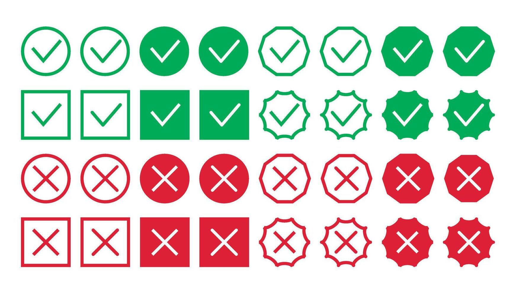 Set of cross and checkmark icons for voting or answer selection vector