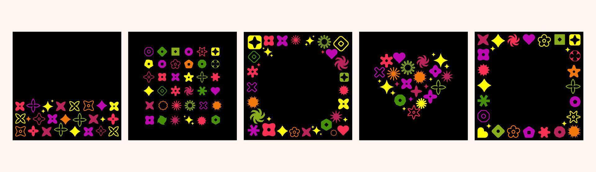 Creative Design Templates with abstract geometric shapes forming frames, patterns, and a heart on black for social media posts, digital art, invitations, posters, creative branding, web design. vector