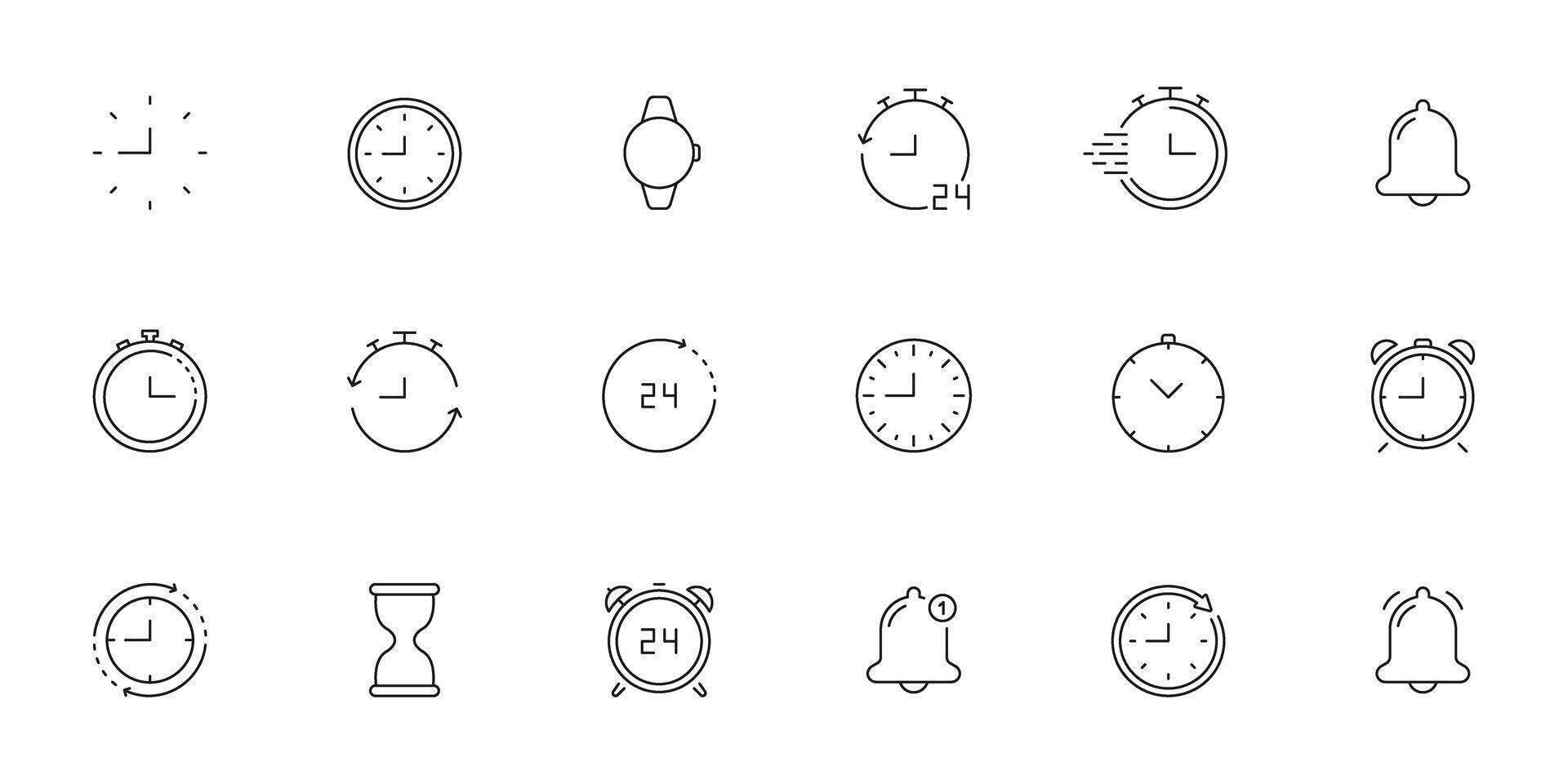 Clock And Timer Line Icon Set. Time Management, Alarm, And Stopwatch Outline Symbol Collection. Includes Hourglass, Bell, And 24-Hour Cycle. Editable Stroke. Isolated Illustration vector