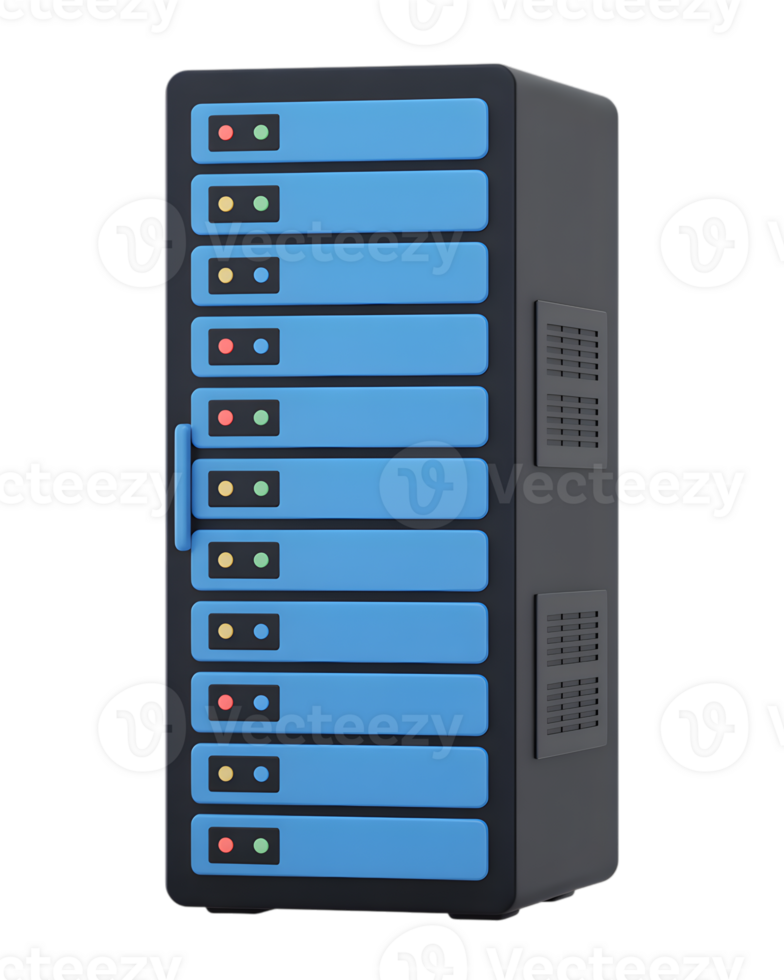 alta 3d servidor prateleira com azul drives computador tecnologia isolado em uma transparente fundo png