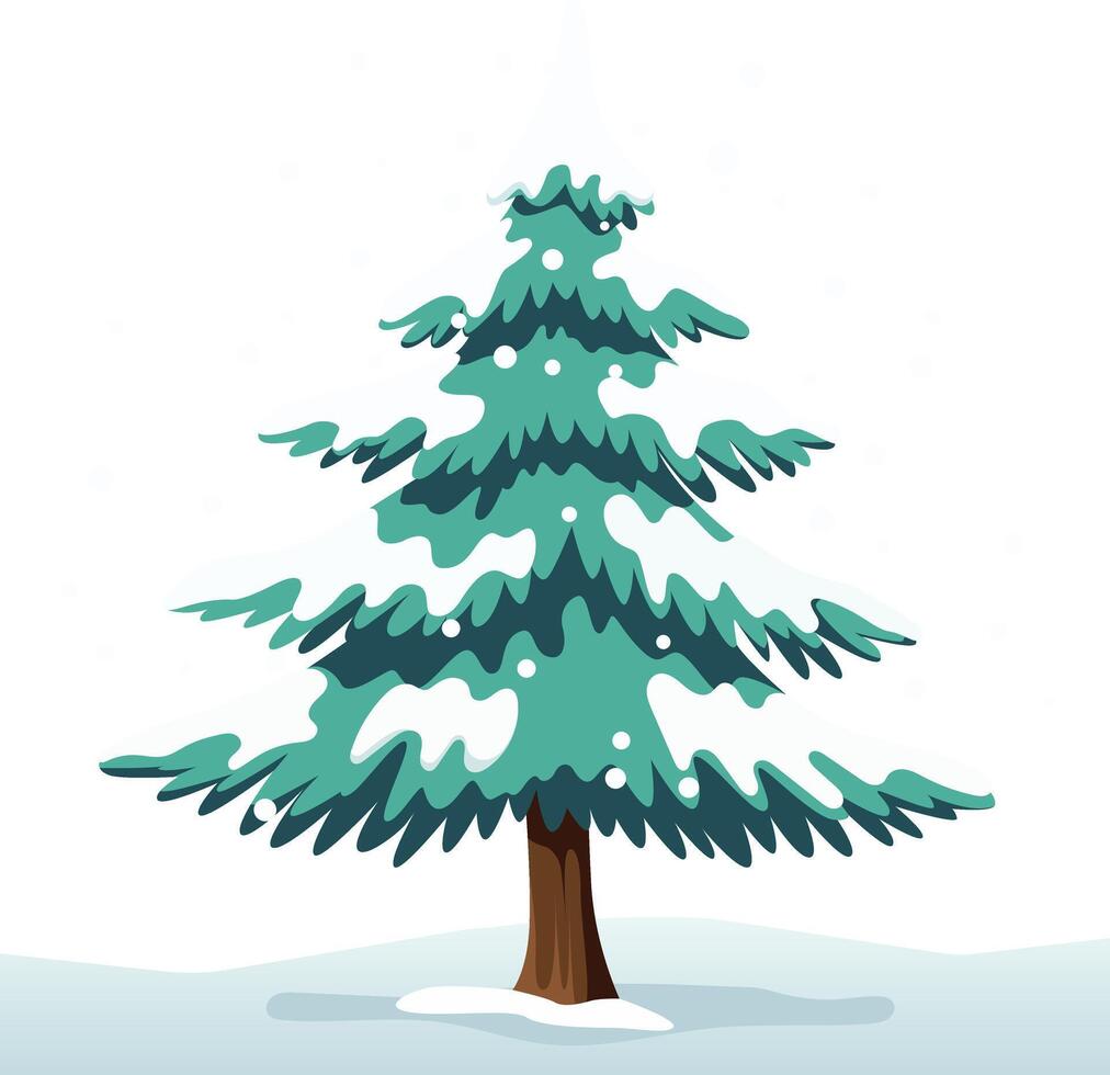 Cartoon-style evergreen tree with snow on its branches and base, set against a white background. vector