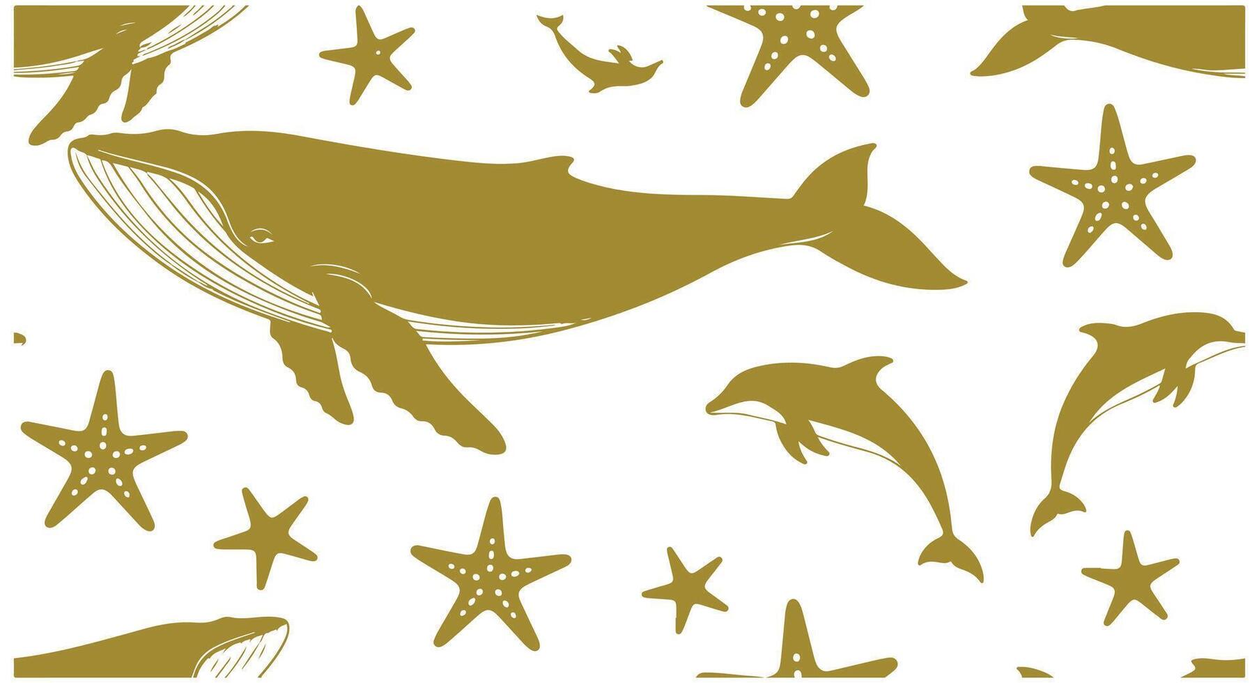 An uninterrupted design with a single hue of whale, starfish, and dolphin set on a white background. Oceanic animals. Ideal for print, textile, fabric, and wrapping paper. vector