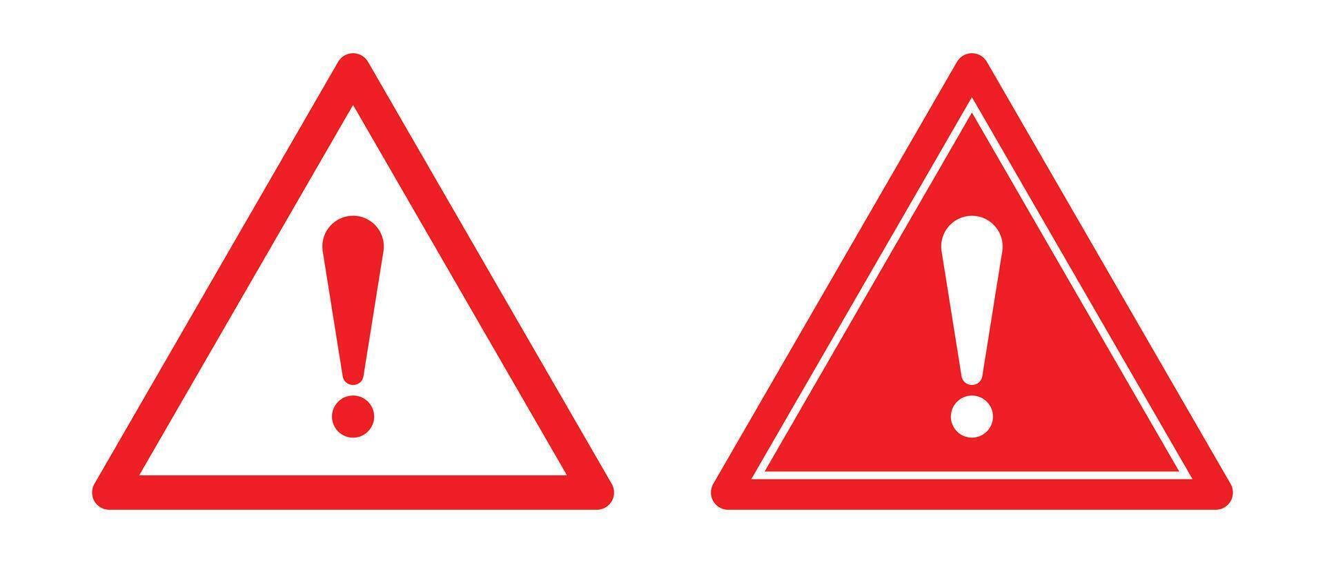 Red warning signs with exclamation mark symbols, alerting to potential danger, caution, or important information two distinct styles of triangular hazard icons on a clear background. vector