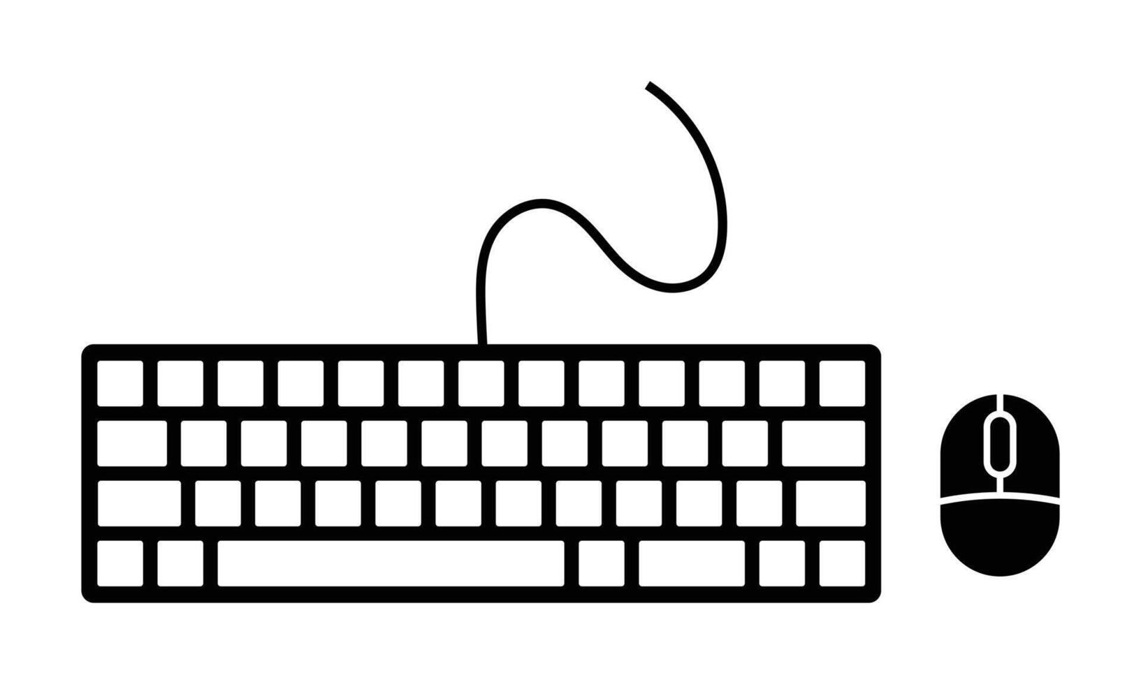 Minimalist black silhouette icon of a computer keyboard with a wire and a mouse, illustrating digital input devices, office work, technology, and computing peripherals. vector