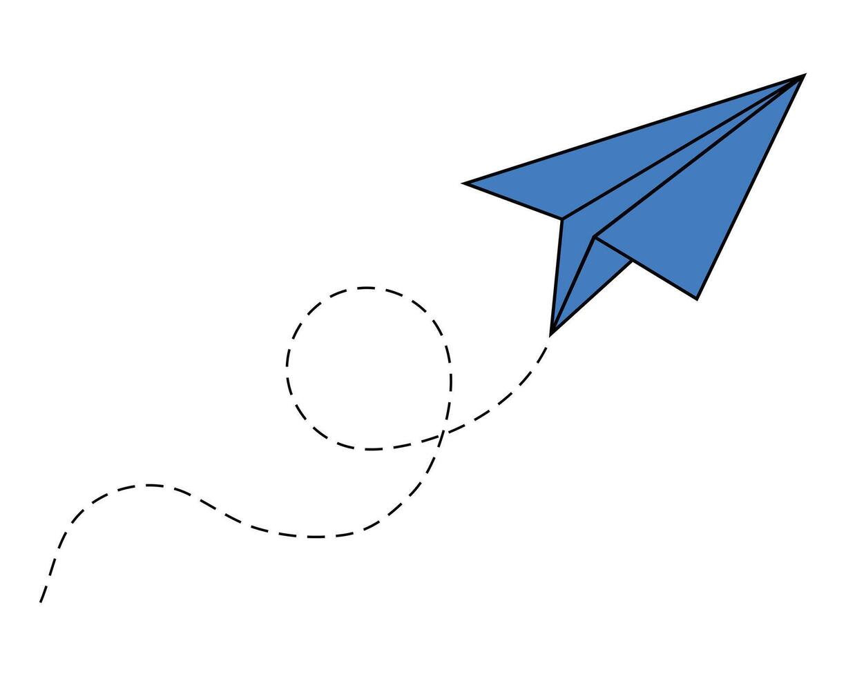 Blue paper airplane flying upwards with a dashed line flight path showing a loop, symbolizing creativity, freedom, journey, new ideas, communication, and exploration. vector