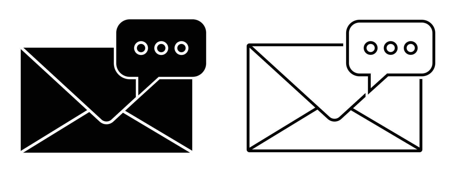 Email communication message icon set, showing an envelope with a speech bubble and ellipsis indicating new mail, chat, or typing. includes both solid glyph and outline style symbols. vector