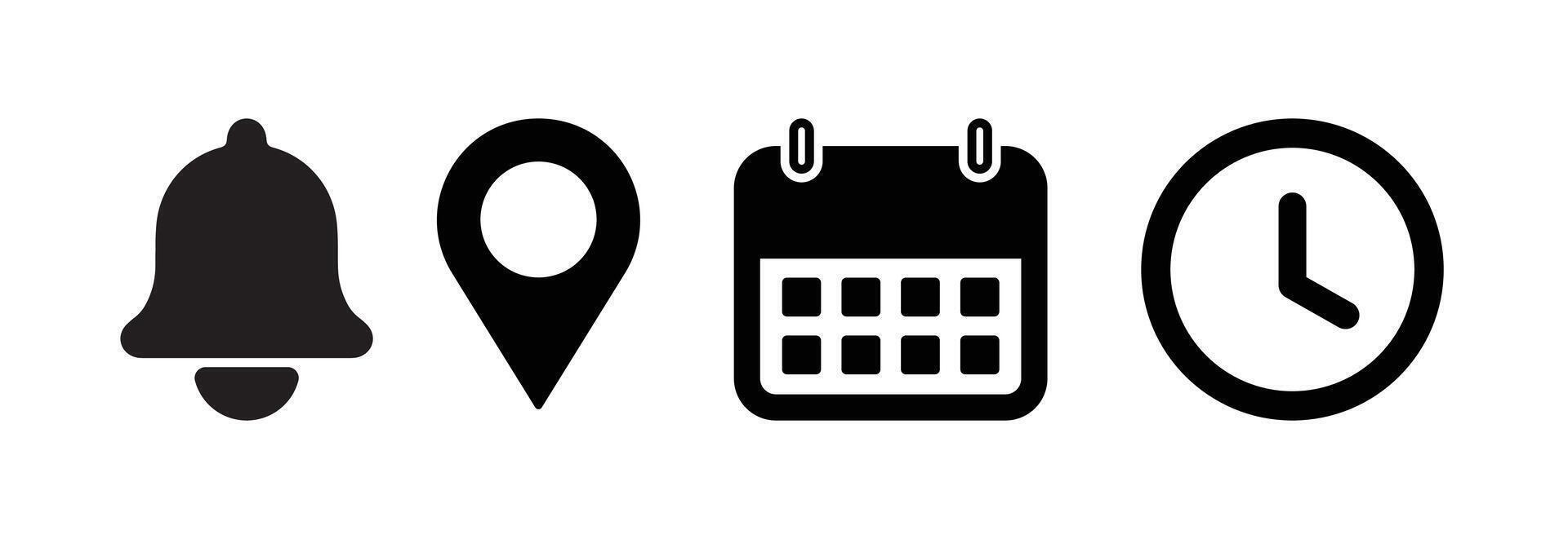 Essential web and mobile application interface icons set featuring a notification bell, map location pin, detailed calendar, and precise clock symbol, ideal for digital design projects. vector