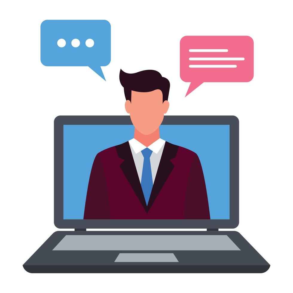 Virtual conference call on laptop screen showing a professional man in a business suit with speech bubbles symbolizing online communication, chat, webinar, and remote work interaction vector