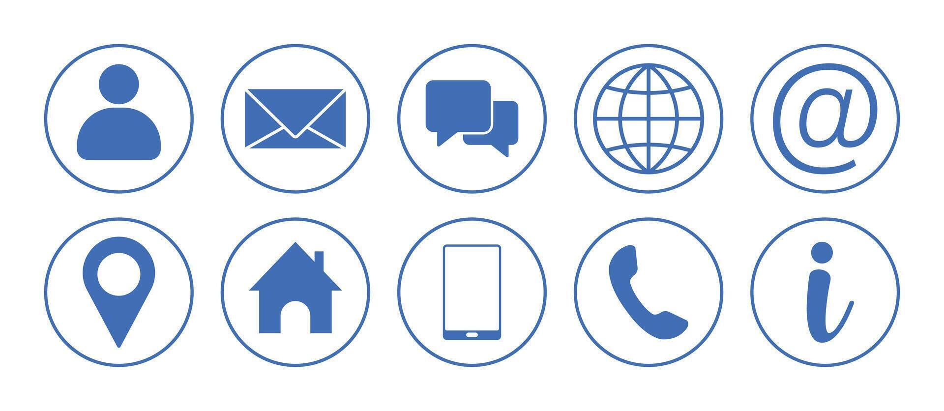 Essential blue contact and communication icons set for website navigation, mobile applications, business cards, and customer support interfaces, isolated on a clean white background vector