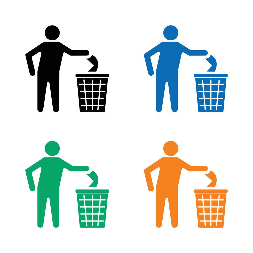 Man disposing of garbage into a trash can icon set in four distinct colors black, blue, green, and orange, representing waste management, delete, and recycling concepts. vector