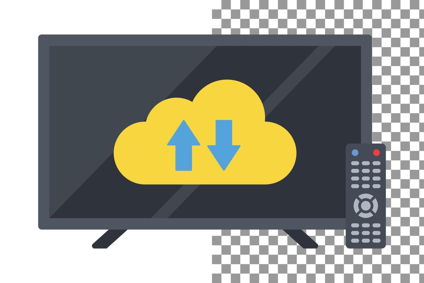 inteligente televisión mostrando un amarillo nube icono con azul arriba y abajo flechas, representando datos transferir, nube informática, transmisión servicios, con un remoto control. vector