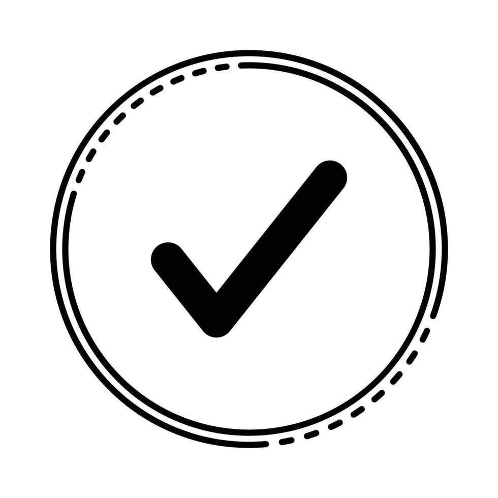 Verified success icon black checkmark inside a modern, stylish double-lined circle with an intricate dashed outer border, signifying approval, task completion, vector