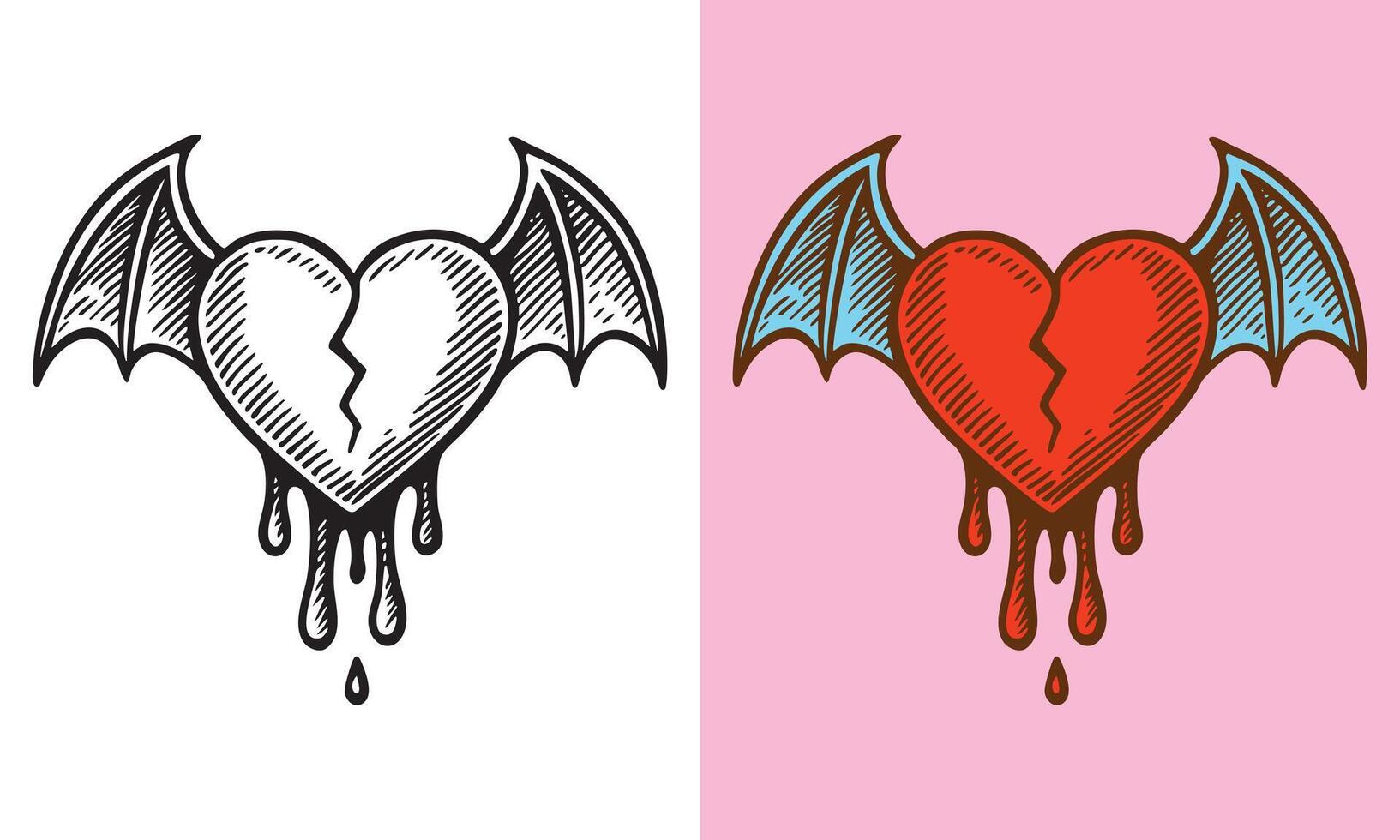 A broken heart with bat wings and dripping drops, drawn with bold lines and dark expressive detailing. vector