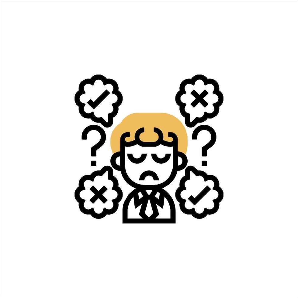 Decision Fatigue Icon Confused Man with Checkmarks and X Marks, vector