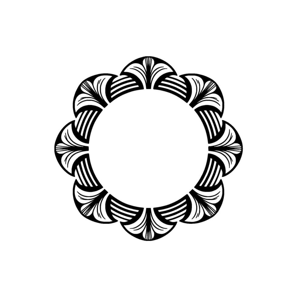 A stylized art deco radial floral frame with intricate symmetrical petal motifs and sharp linework creating an elegant circular border vector