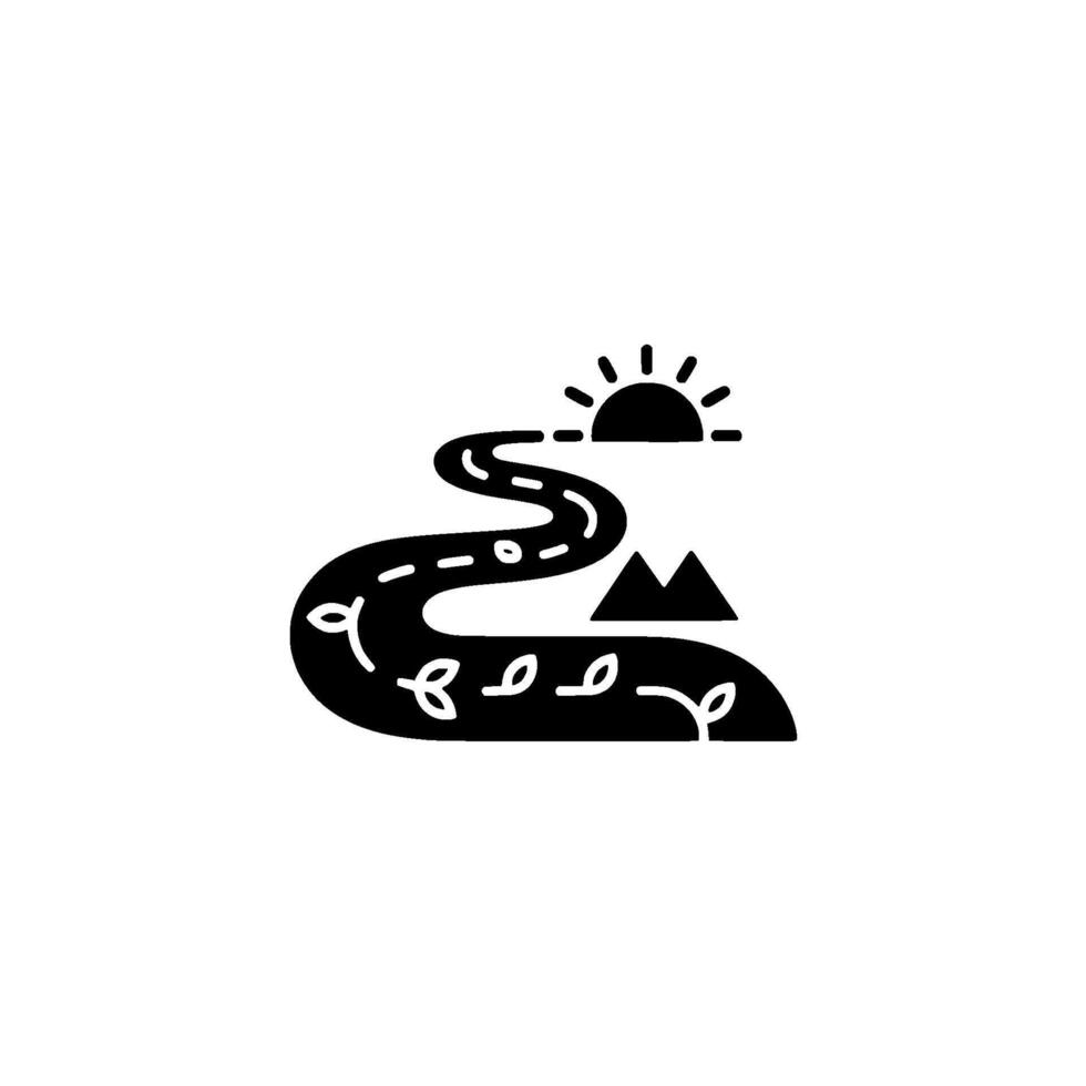 A simple silhouette depicting a winding road with dashed lines bordered by delicate leaves leading towards a rising sun and two pointed mountains vector