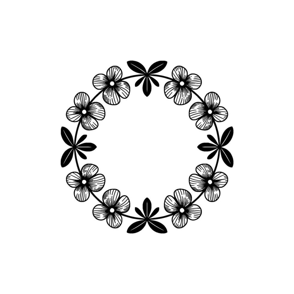 A delicate hand drawn floral wreath featuring alternating small petaled flowers and simple leaf clusters arranged in a circular pattern vector