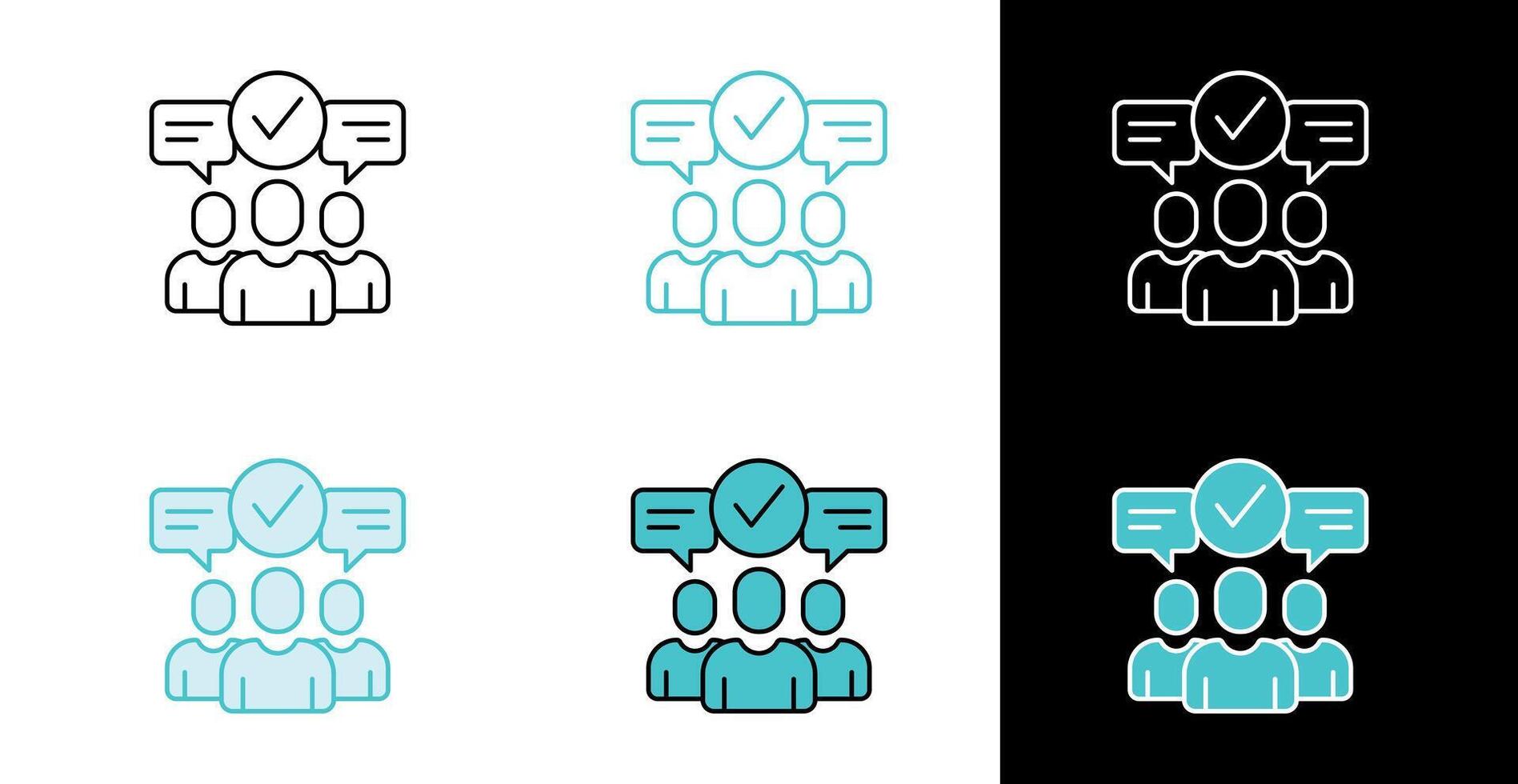 Team with chat and check mark icon for communication and collaboration in line and fill style vector
