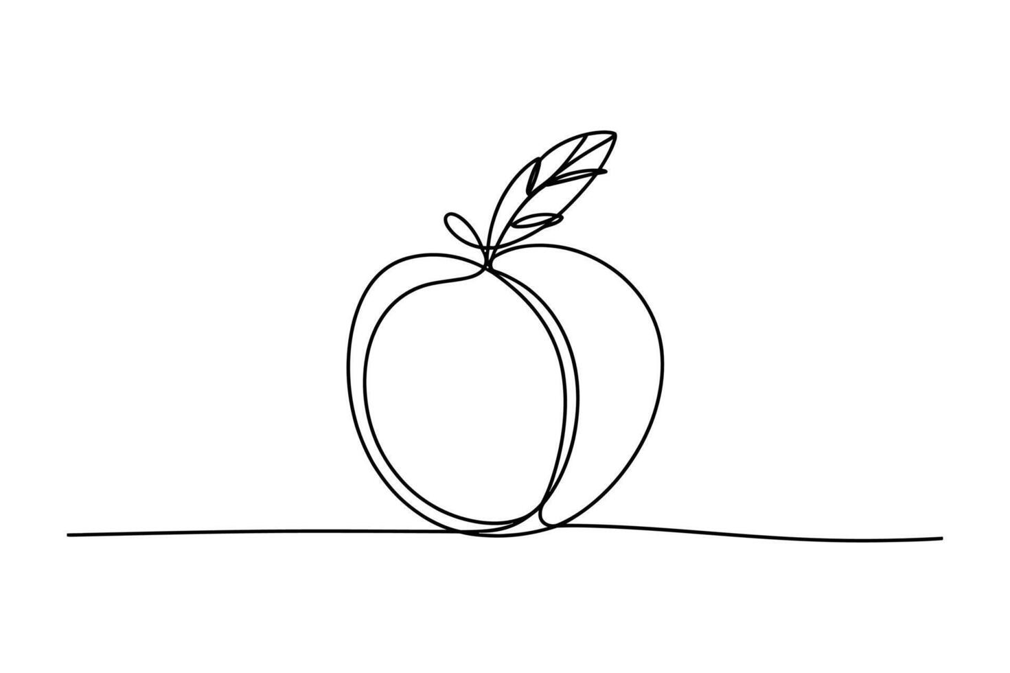 Minimalist single line drawing of a fresh peach with a leaf on a simple line vector