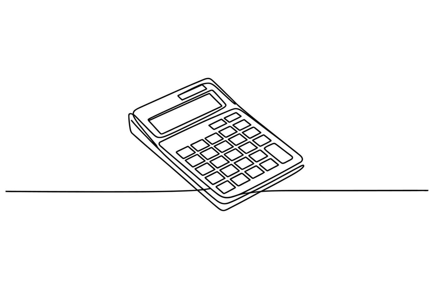 Simple line drawing of a classic calculator resting on a horizontal line against a white background vector