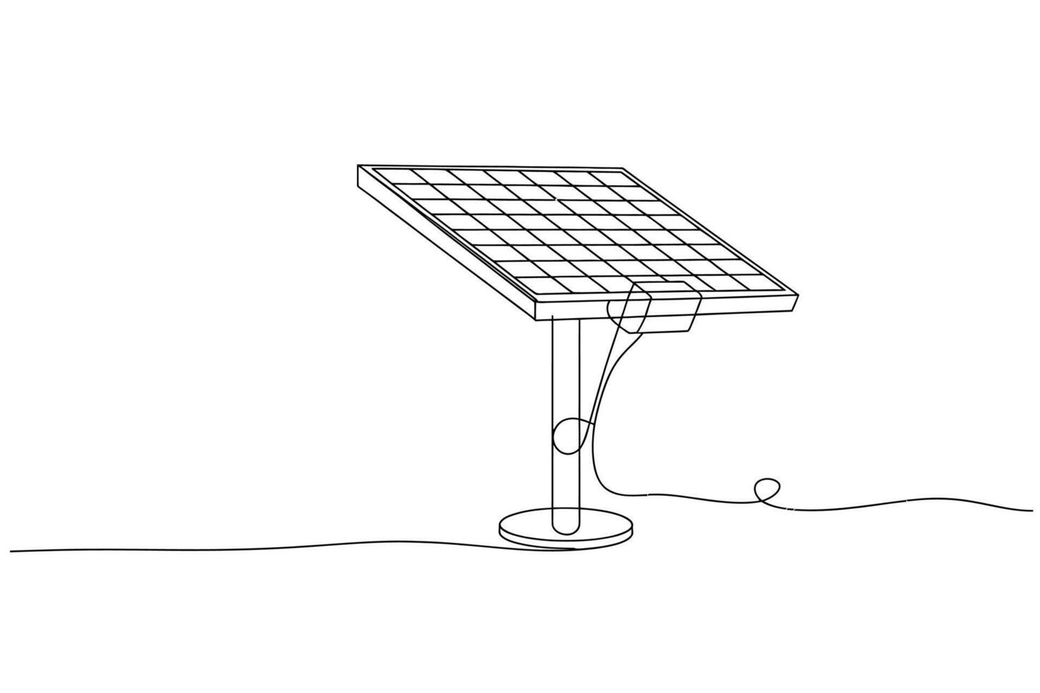 A minimalist line drawing depicts a single solar panel mounted on an adjustable stand with a wire extending outwards vector