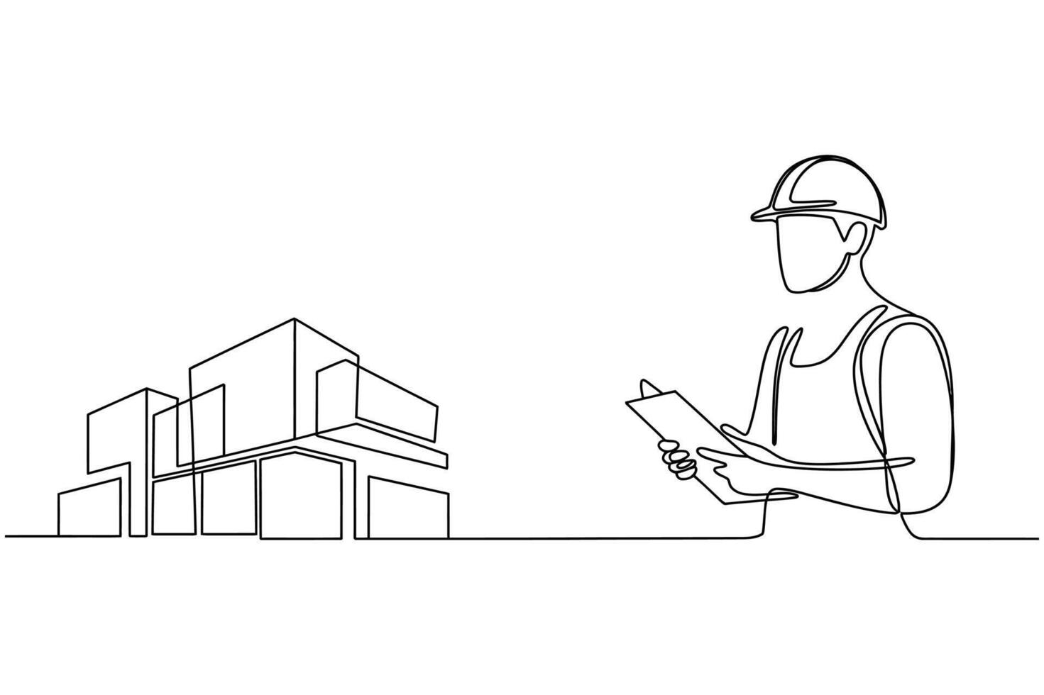 Architectural sketch of a construction worker inspecting a modern building design with a clipboard vector
