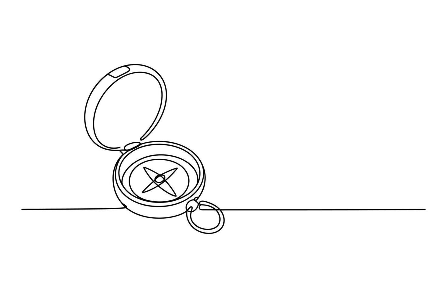 Minimalist line art drawing of an open pocket compass resting on a simple horizontal line vector