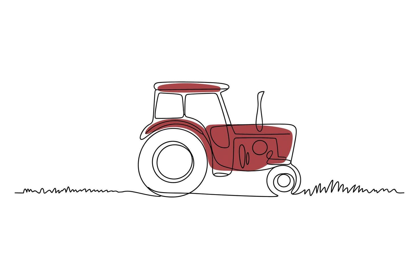 A charming hand drawn red tractor with a minimalist sketch of grass in the foreground on a white background vector