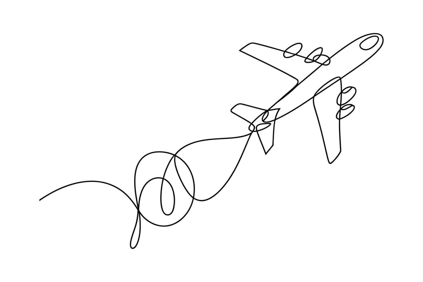 Minimalist single line drawing of an airplane soaring through the sky leaving a continuous trail vector