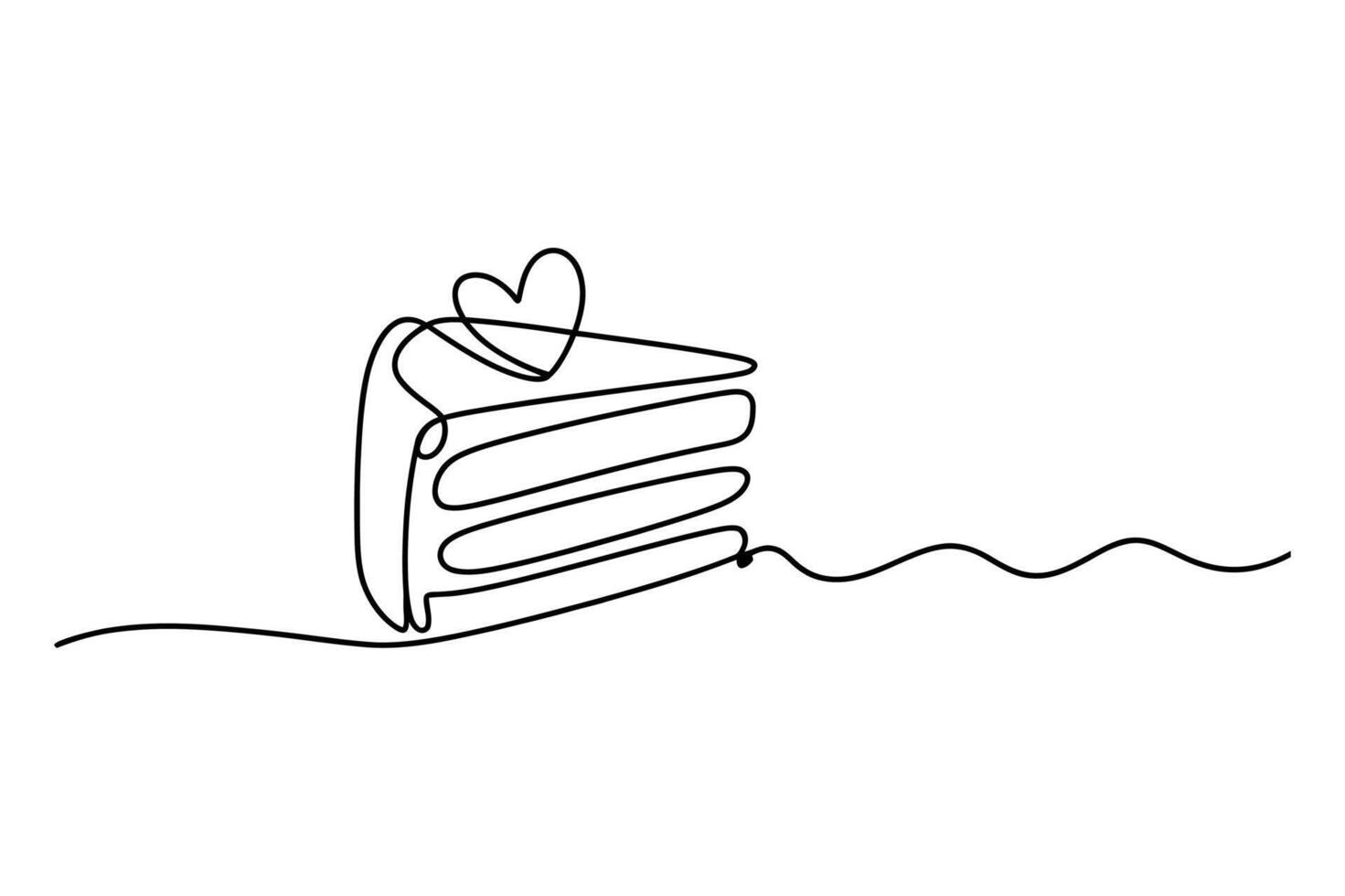 Minimalist single line drawing of a delicious slice of layered cake adorned with a sweet heart topping vector
