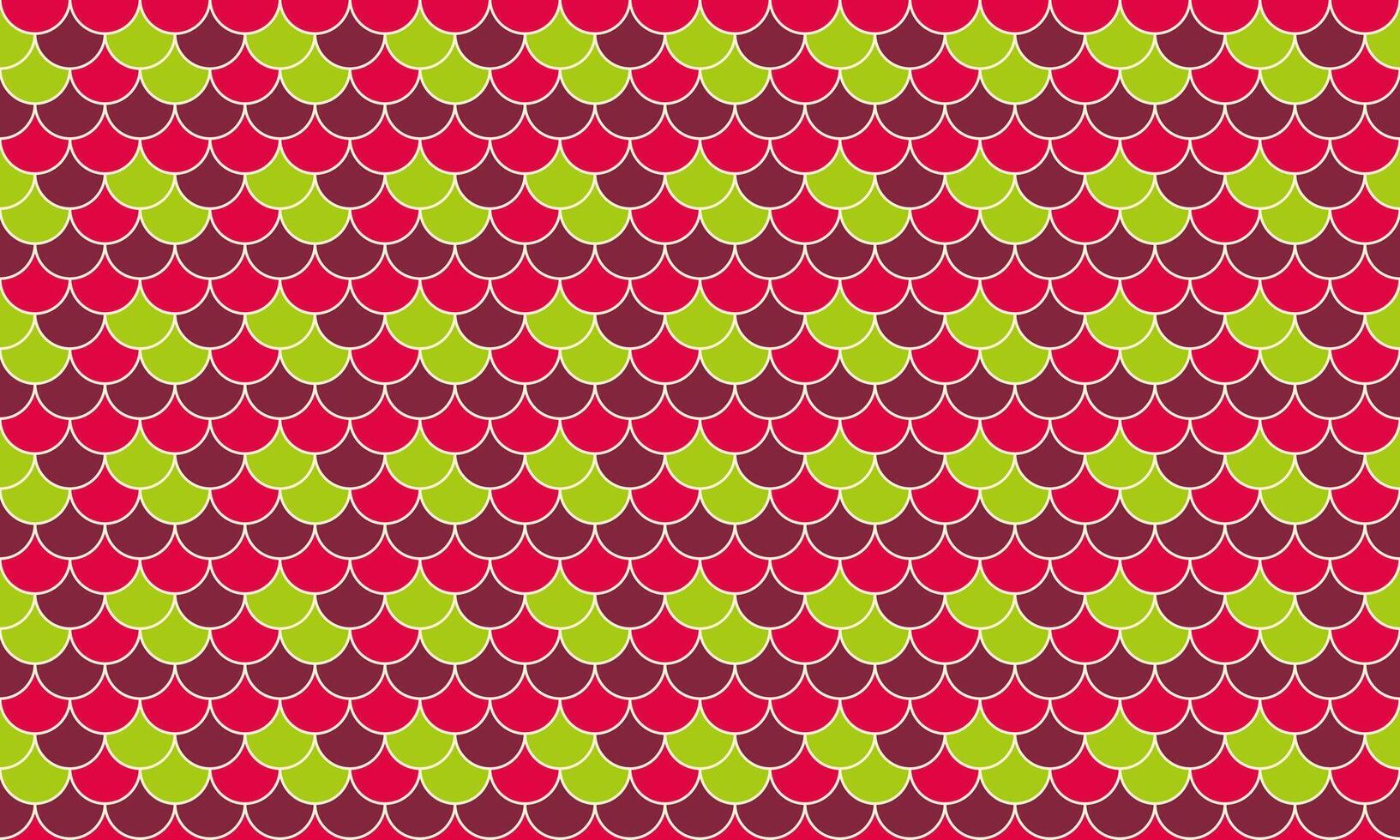 Vibrant geometric pattern featuring a repeating scale design in red and green hues. Ideal for textile prints, website backgrounds, or any project needing a bold, playful aesthetic. vector