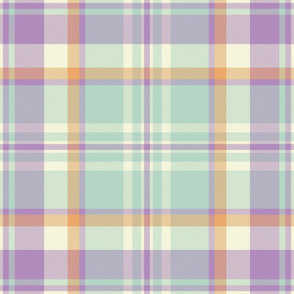 Soft pastel plaid pattern. A versatile textile design with intersecting lines in lavender, beige, mint, and orange. Ideal for backgrounds and creative projects. vector