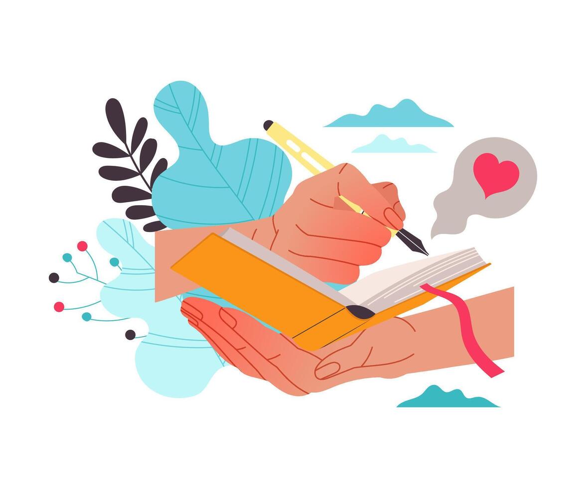 Hands with Pen Writing in Notepad as Working with Text Process Illustration vector