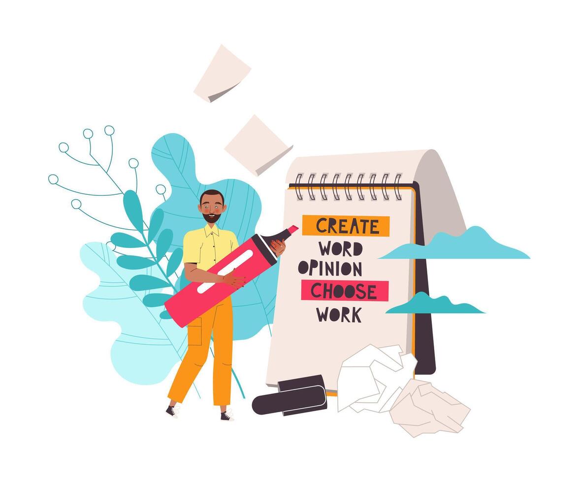 Man Character with Huge Highlighter Near Notepad Working with Text Illustration vector