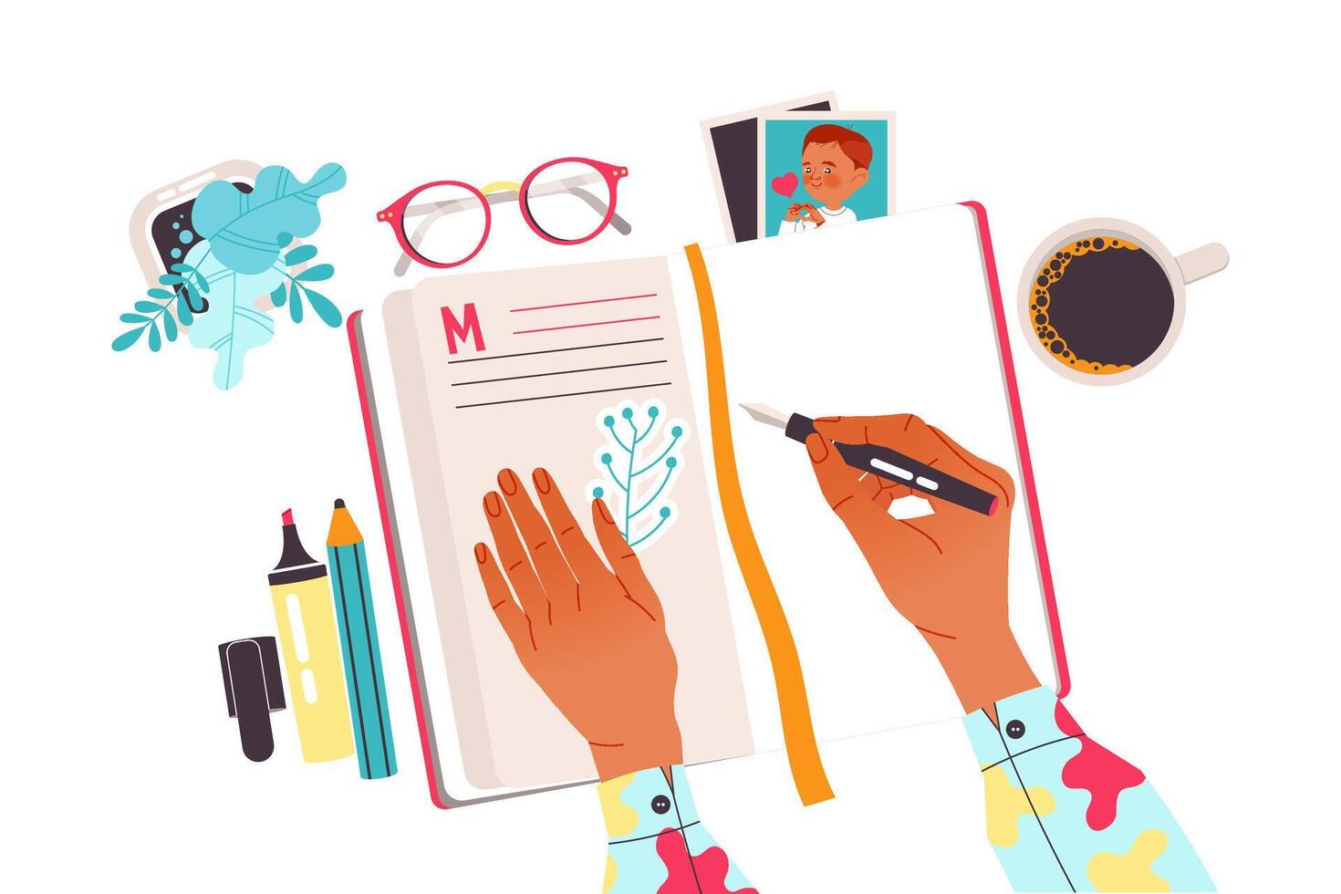 Hands with Pen Writing in Notepad as Working with Text Process Above View Illustration vector