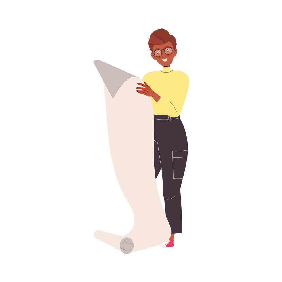 Man Character in Glasses with Paper Scroll Working with Text Illustration vector